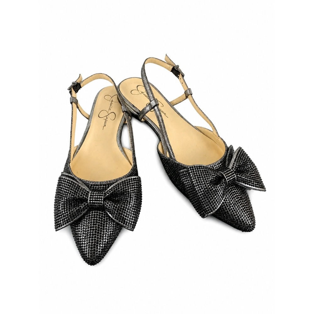 Jessica Simpson Rhinestone Bow Slingback Flats Women 7M Black Pointed Toe Glam